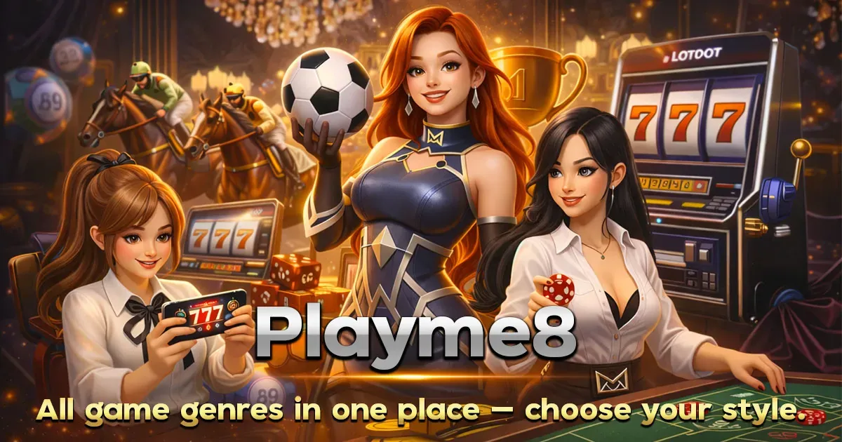 Playme8 banner: all game genres in one place, including slots, live casino, sports and lottery
